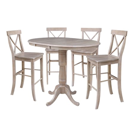International Concepts Round 36 in Rd Extension Dining Table, 4 Bar Ht Stools, Gray Taupe, 36 in W, 48 in L, 41 in H, Wood K09-36RXT-S6133-4